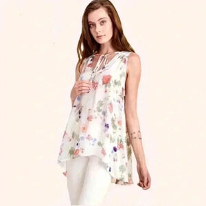 “Addy” Satin floral print sleeveless top w lace-up